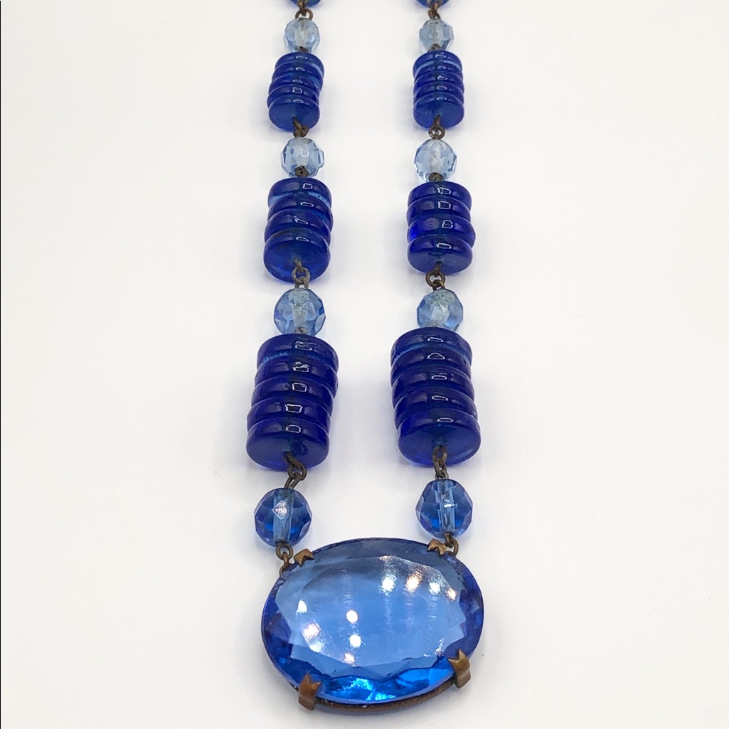 Antique Art Deco Blue Art Glass Beaded Necklace